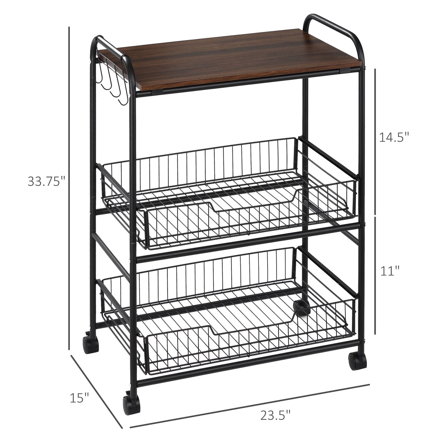 Suzannah's Kitchen 3-Tier Rolling Walnut Utility Cart with Storage Baskets