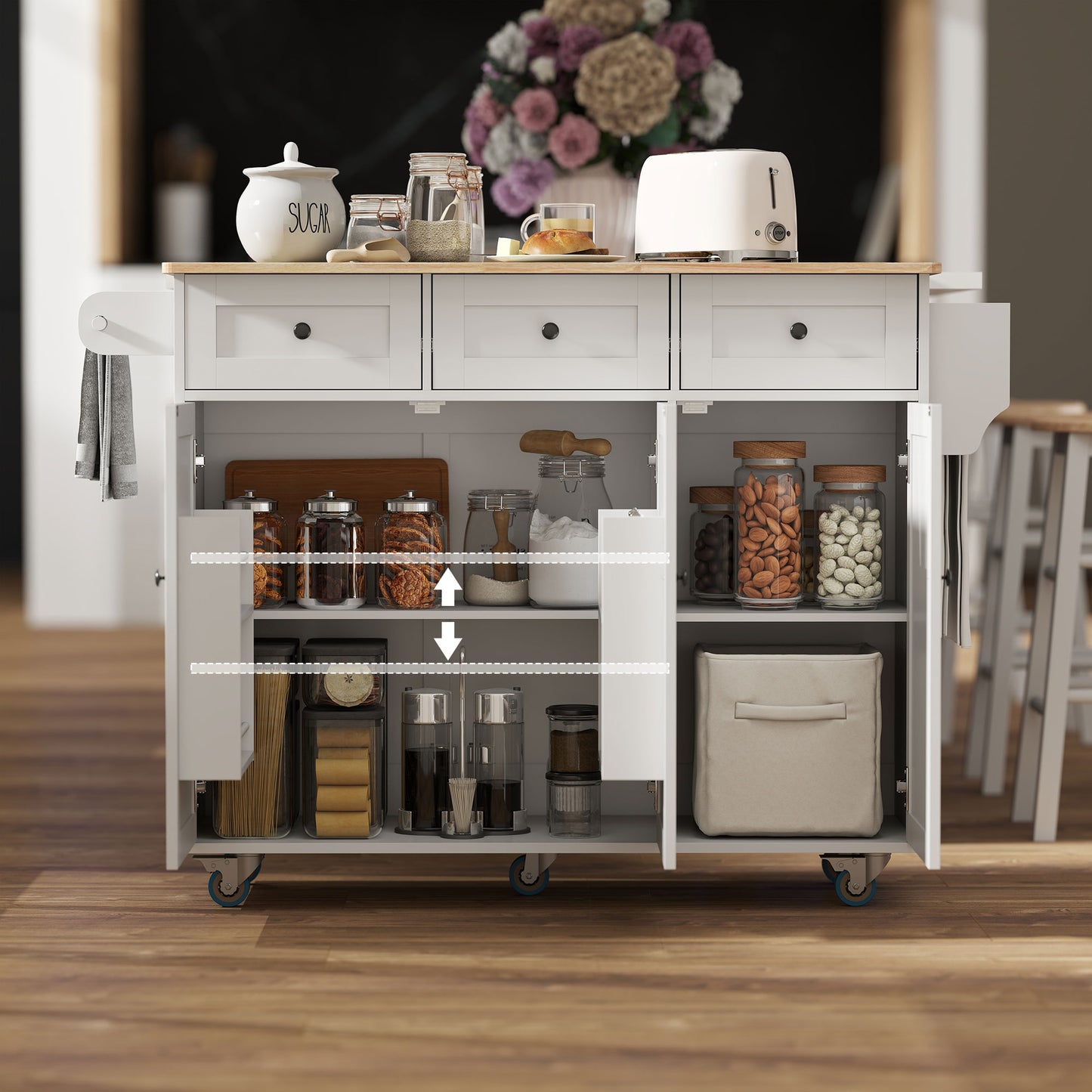 White Rolling Kitchen Island-Drop Leaf, Charging Station