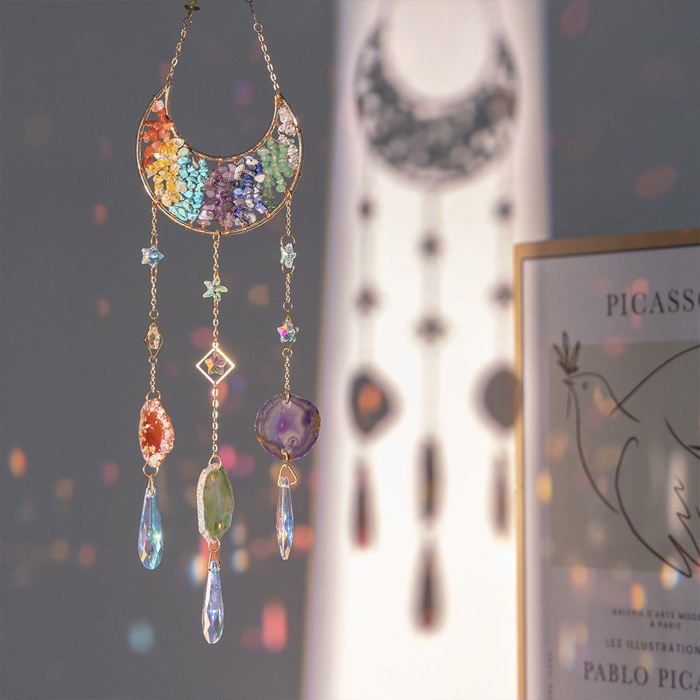 Natural Crystal Gravel Moon Wind Chimes Crafts Decorative Pendant
