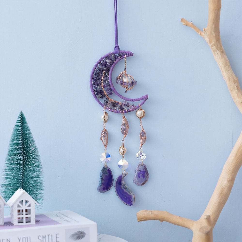 Natural Crystal Gravel Moon Wind Chimes Crafts Decorative Pendant
