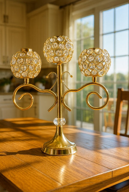 Candle Holder-Crystal and Gold 3-Candle Candelabra