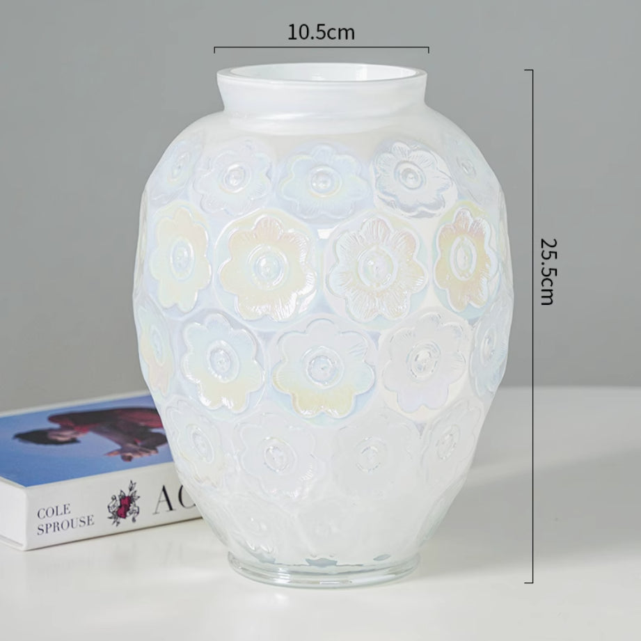 Vase-Round Colored Glass Blossom Embossed