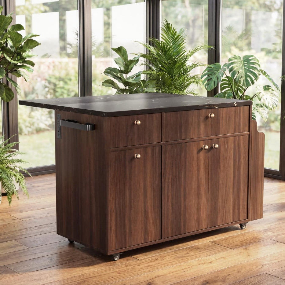 Black Marble Top Rolling Kitchen Island Cart With Drop Leaf