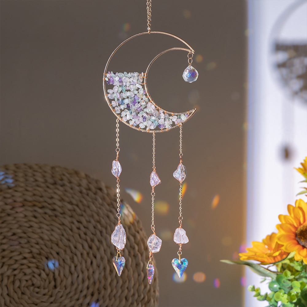Natural Crystal Gravel Moon Wind Chimes Crafts Decorative Pendant