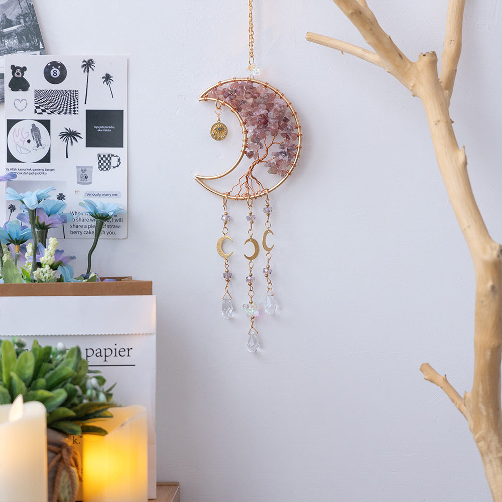 Natural Crystal Gravel Moon Wind Chimes Crafts Decorative Pendant