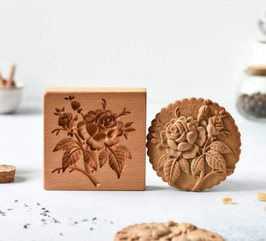 Carved Flower, Pinecone & Rose Wooden Cookie Stamps