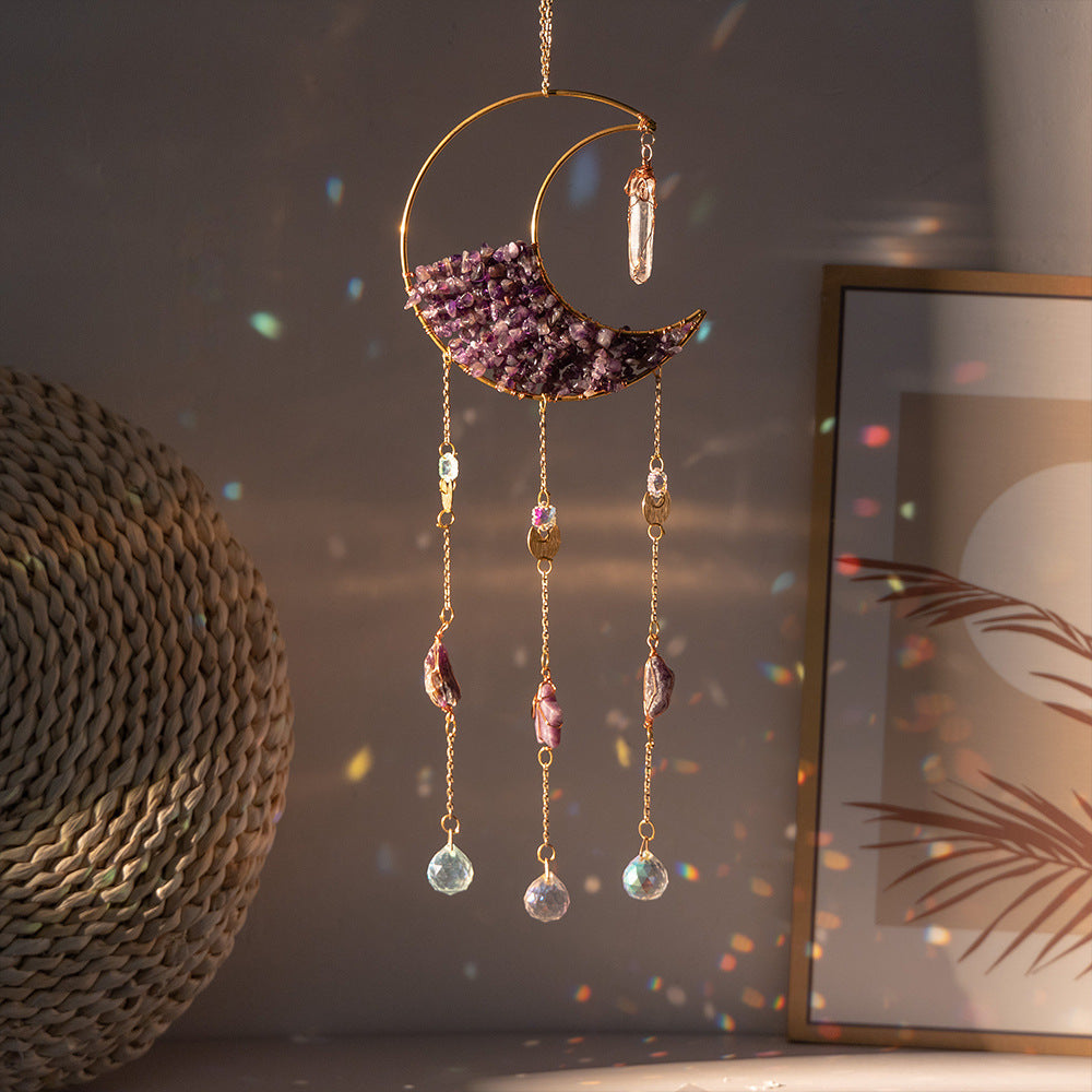 Natural Crystal Gravel Moon Wind Chimes Crafts Decorative Pendant