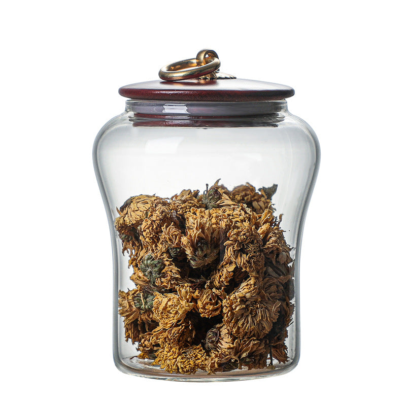 Tempered Glass Jars with Wood Lid and Brass Pull Ring