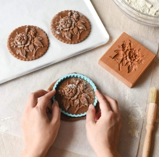 Carved Flower, Pinecone & Rose Wooden Cookie Stamps