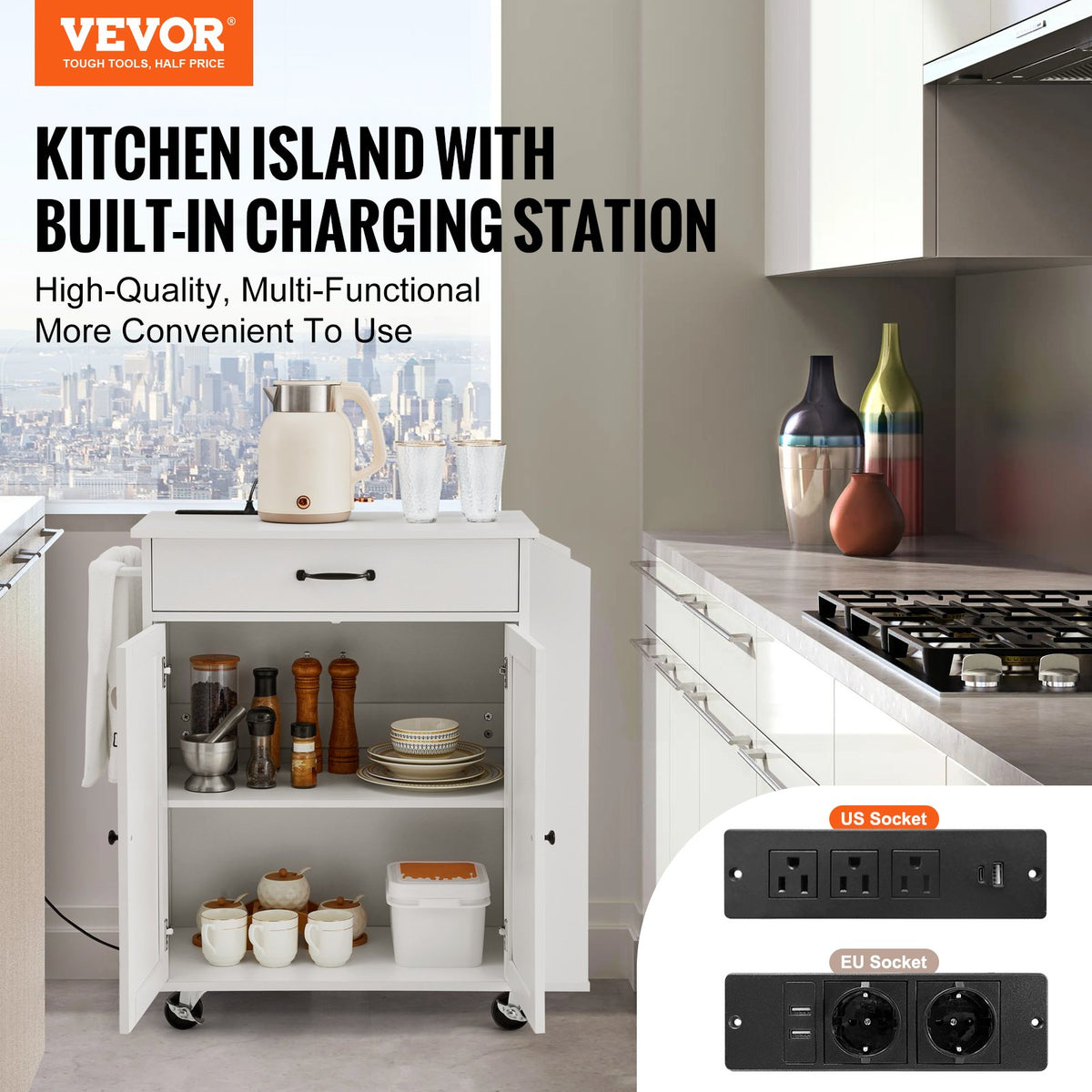 Suzannah's Kitchen Rolling Storage Island Cart with Charging Station