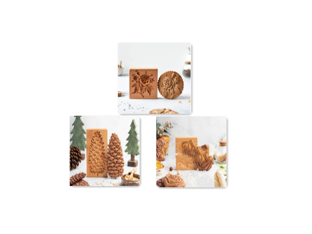 Carved Flower, Pinecone & Rose Wooden Cookie Stamps