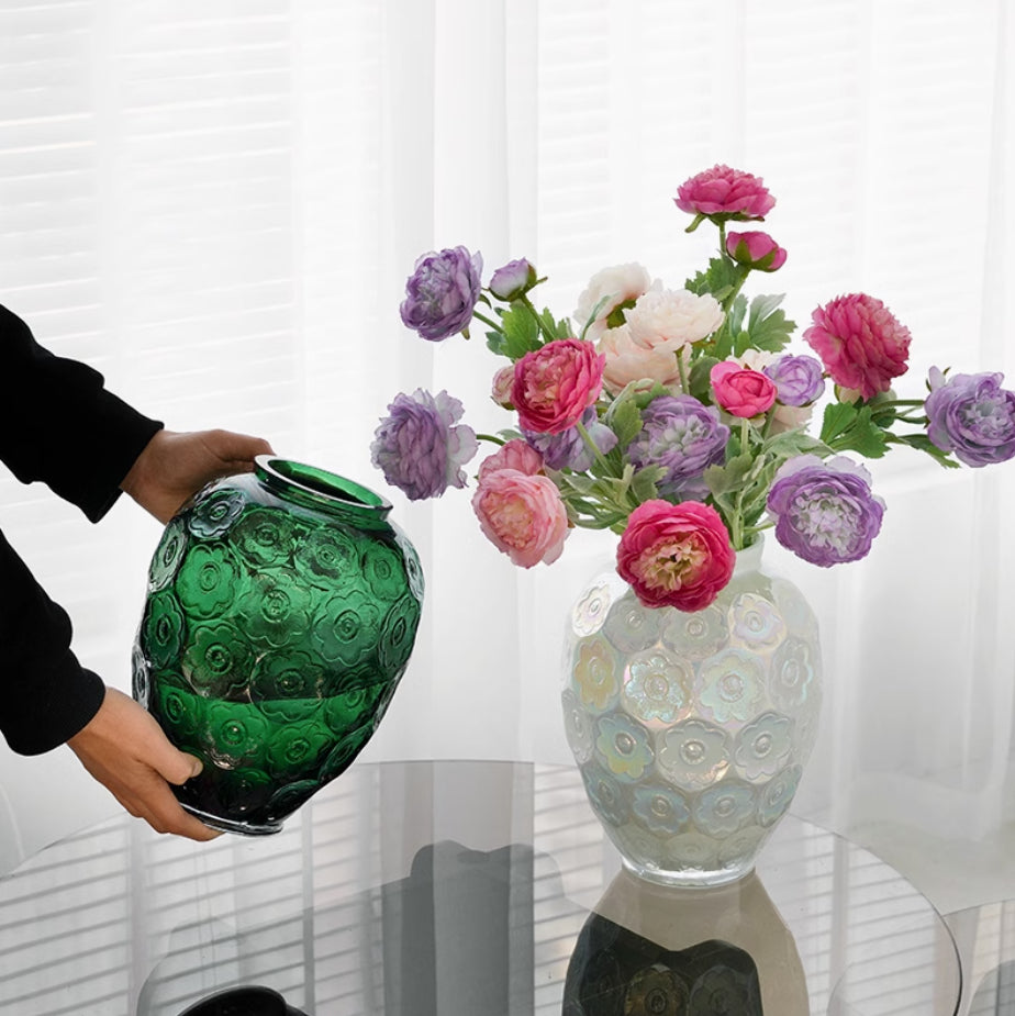 Suzannah's Kitchen Round Colored Glass Blossom Embossed Vase