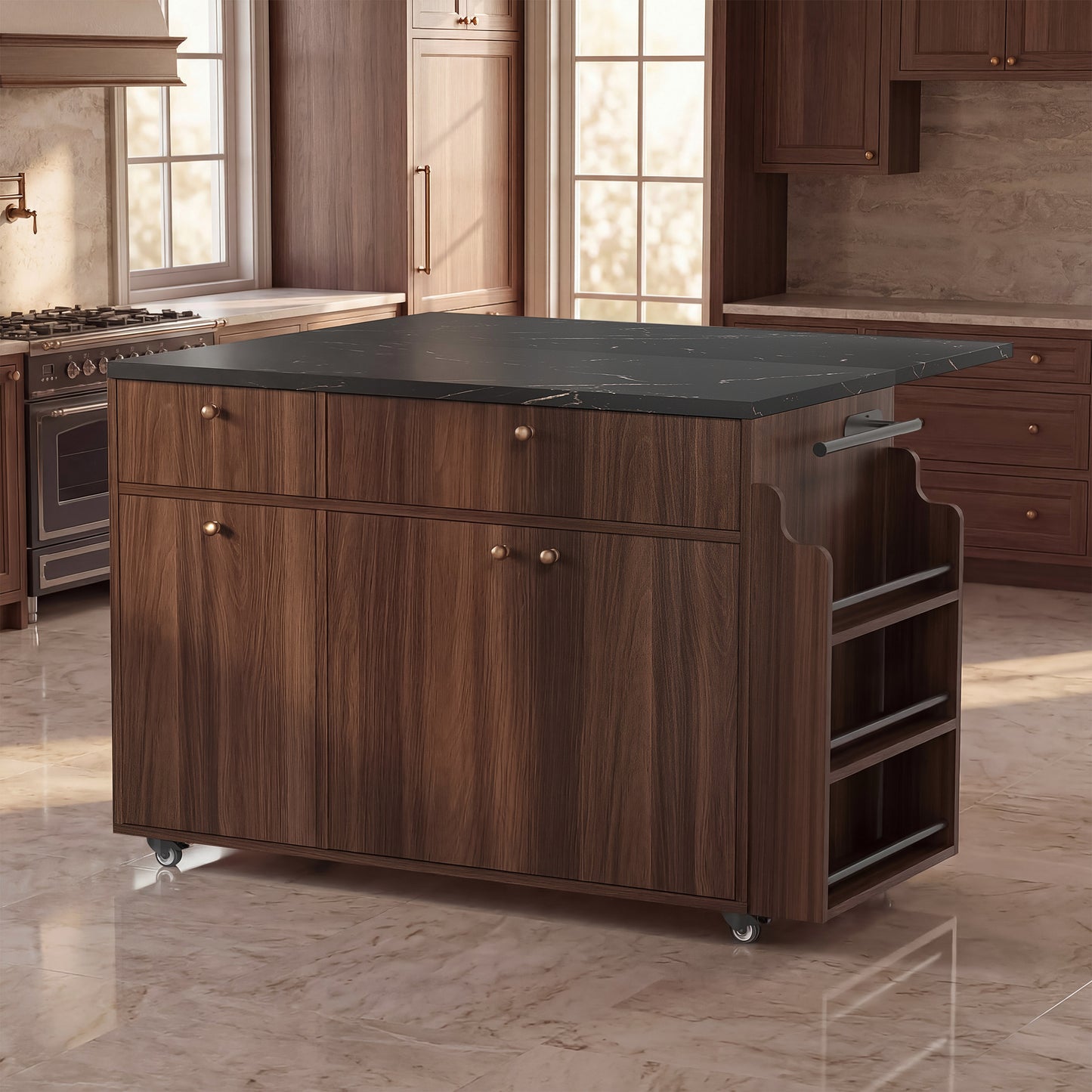 Suzannah's Kitchen Walnut Rolling Island Cart with Marble Drop Leaf