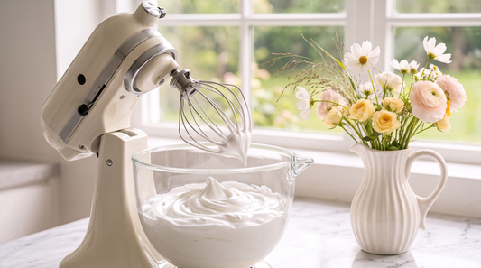 Glossy, pristine white French meringue whipped to stiff, billowy peaks in a clear glass bowl of an ivory stand mixer with a stainless steel wire balloon whisk attachment on a marble countertop.