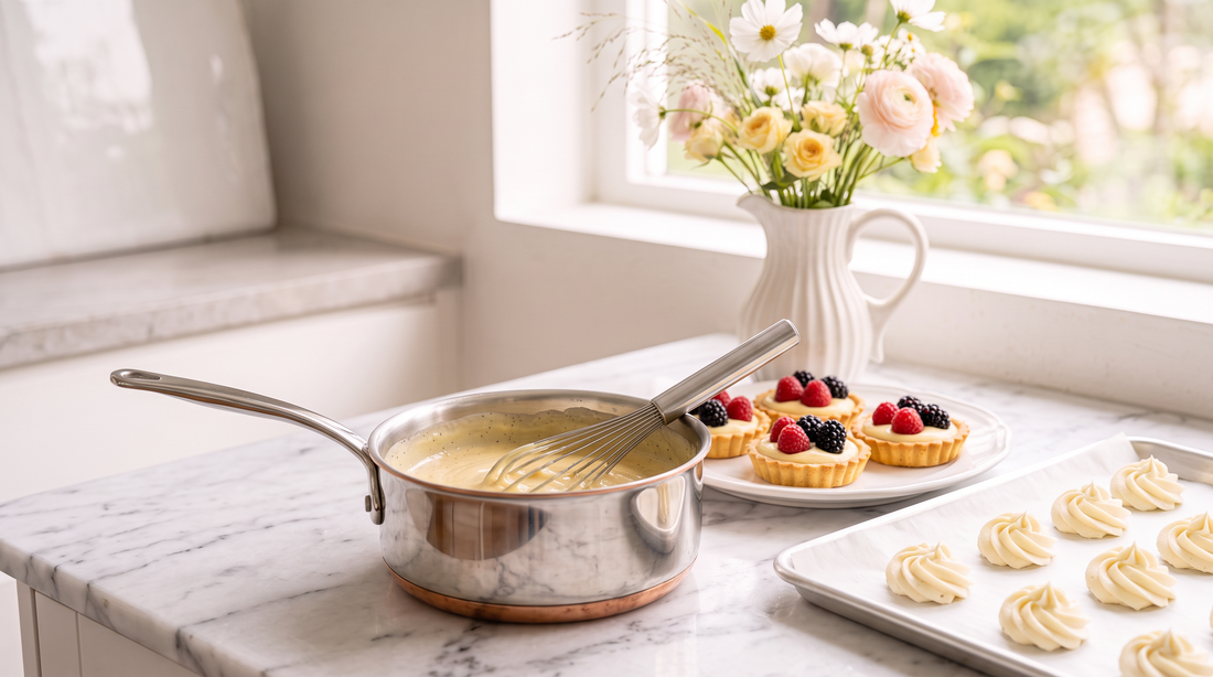 Velvety vanilla bean crème pâtissière stirred in a copper-bottomed stainless steel pot next to piped crème diplomat rosettes and fresh fruit tarts on a white marble countertop. 
