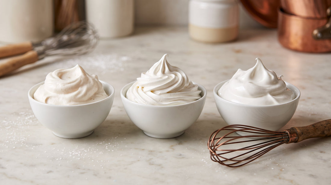 Three porcelain bowls displaying glossy French, Swiss, and Italian meringues on marble pastry counter with an unlined copper whisk.