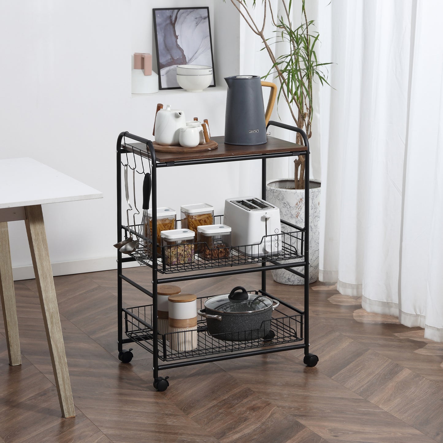 3 Tier Rolling Kitchen Cart With Sliding Storage Baskets and Wheels and Side Hooks
