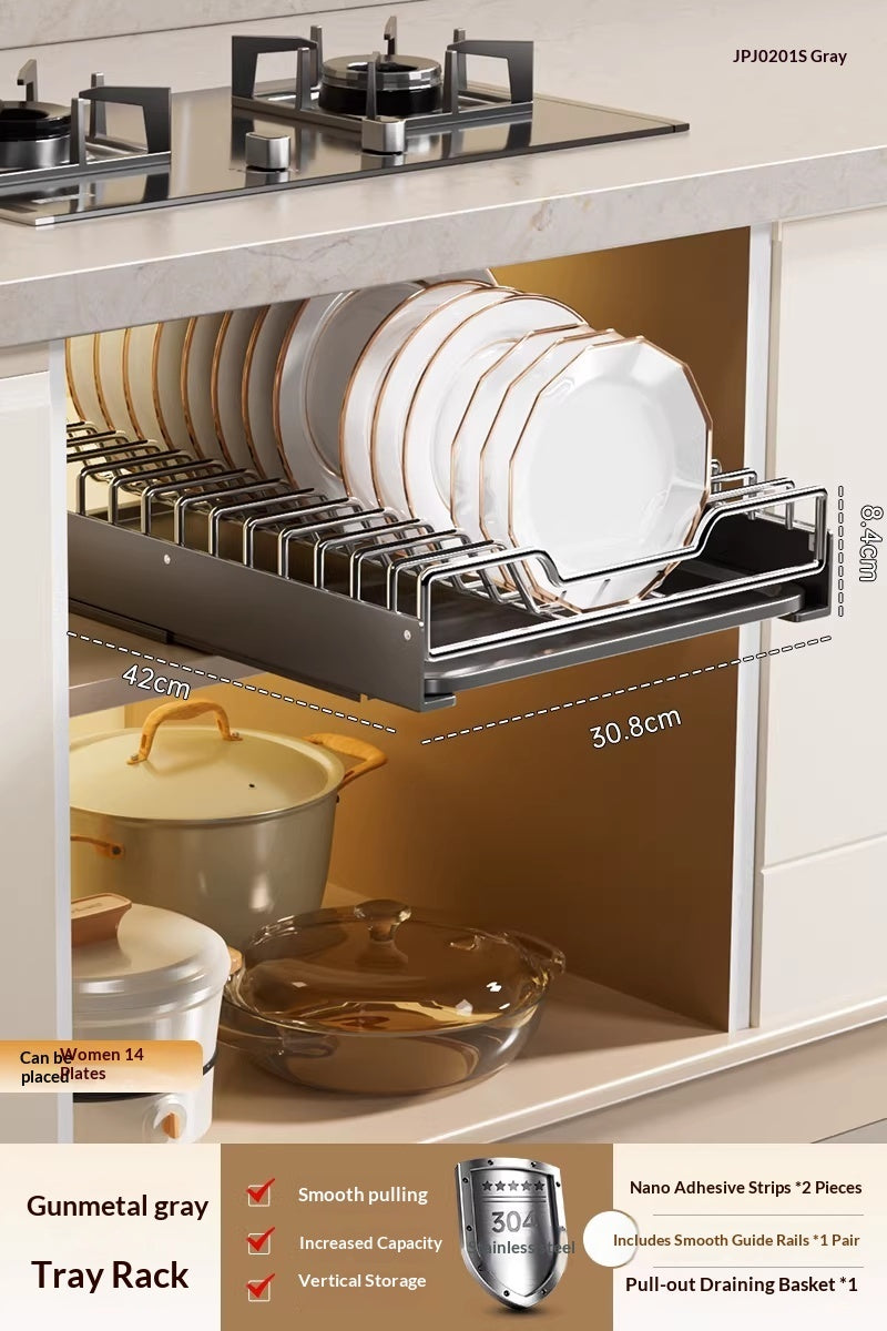 Stainless Steel Kitchen Cabinet Pull-out Drawer Type Dish Rack Storage Organizer