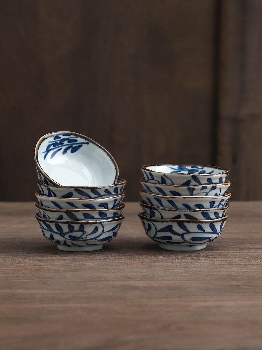 Small Blue Floral Ceramic Bowls with Gold Rim