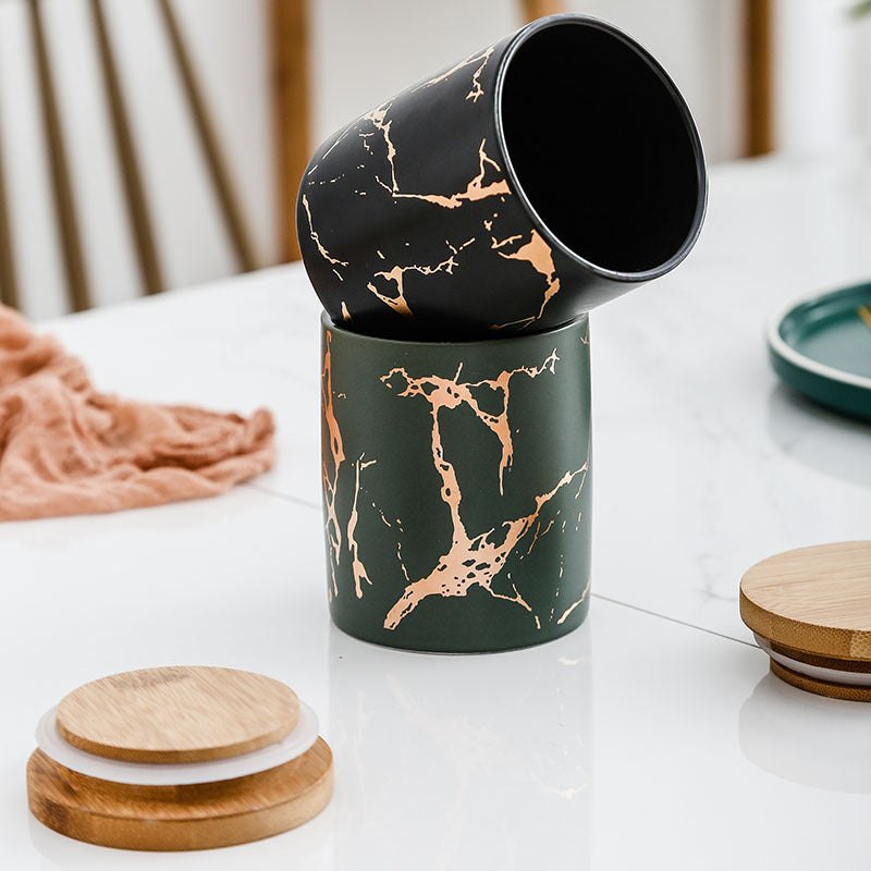 Mini Marbled Ceramic Canister with Airtight Bamboo Lid