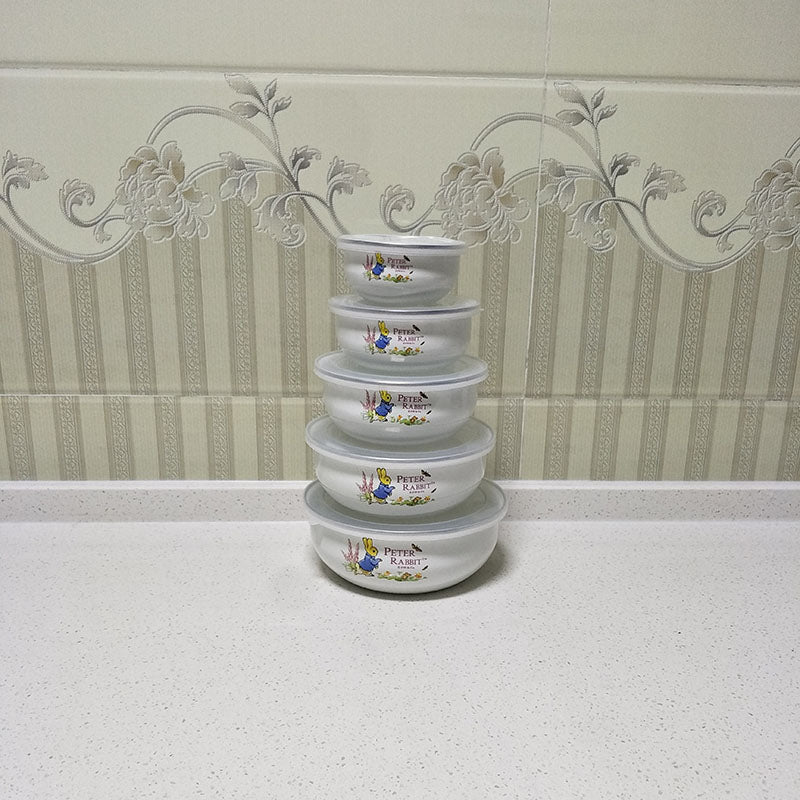 5PC Painted Enamel Bowls with Lids