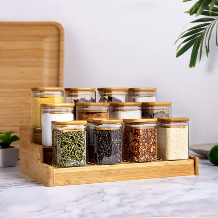 12PC Square Glass Spice Jars-Airtight Bamboo Lid-7oz