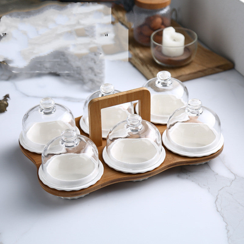 6PC Ceramic Domed Plates Plus Tray