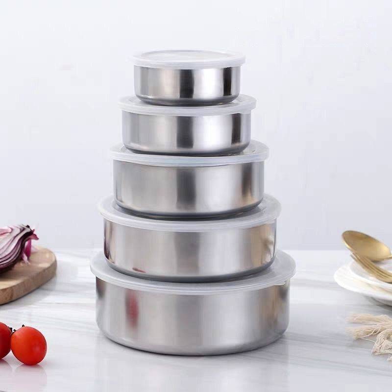 Kitchenware: 5PC Set Stainless Steel Low Profile Bowl with Airtight Lid