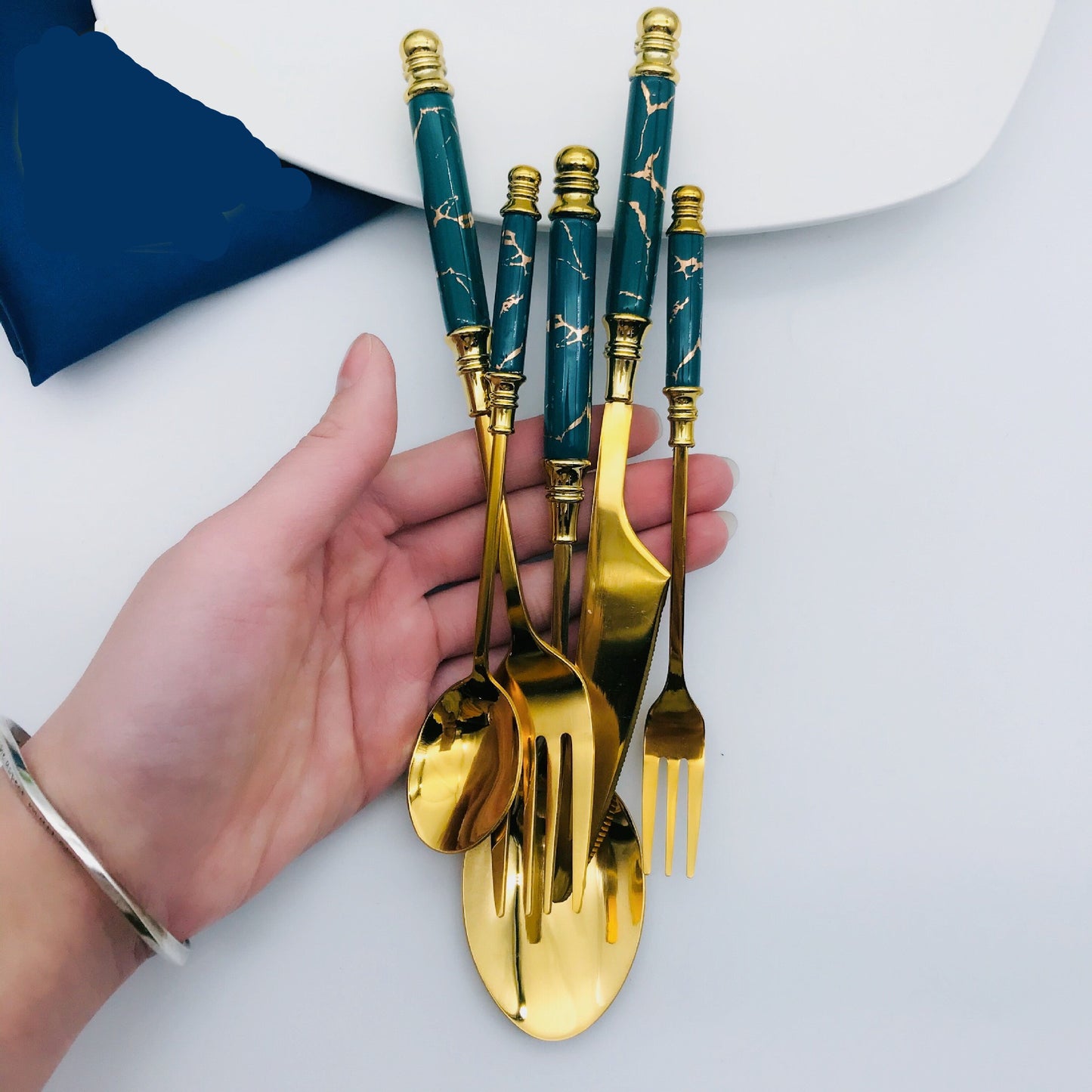 Tableware: Gold Stainless & Green Ceramic Flatware