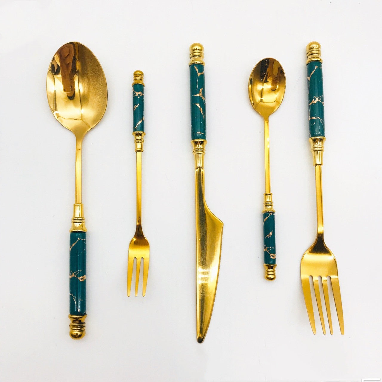 Tableware: Gold Stainless & Green Ceramic Flatware