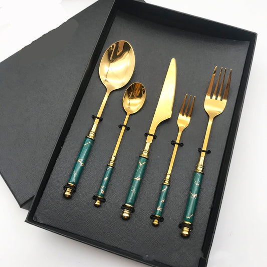 Tableware: Gold Stainless & Green Ceramic Flatware