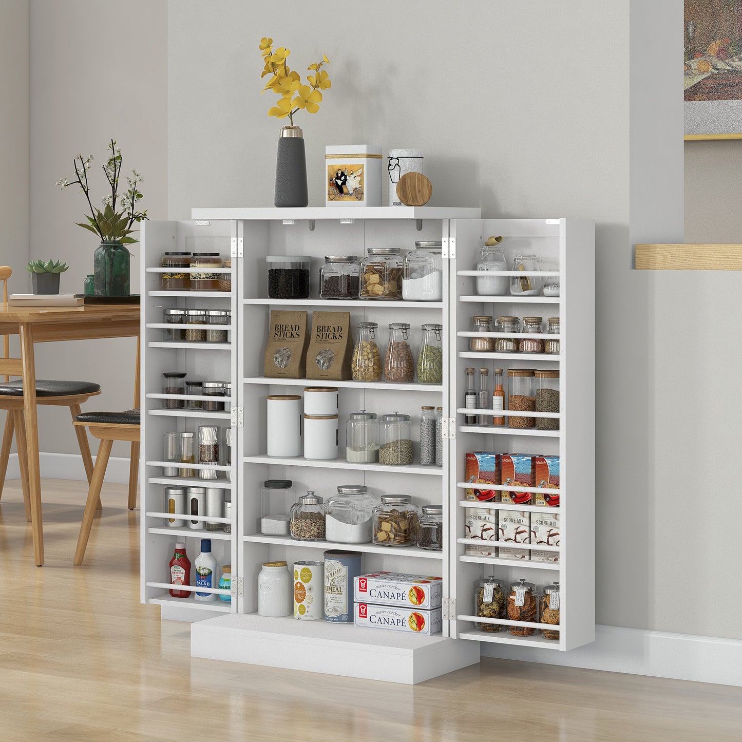 Freestanding White  5-Shelf Kitchen Pantry, 12 Spice Racks
