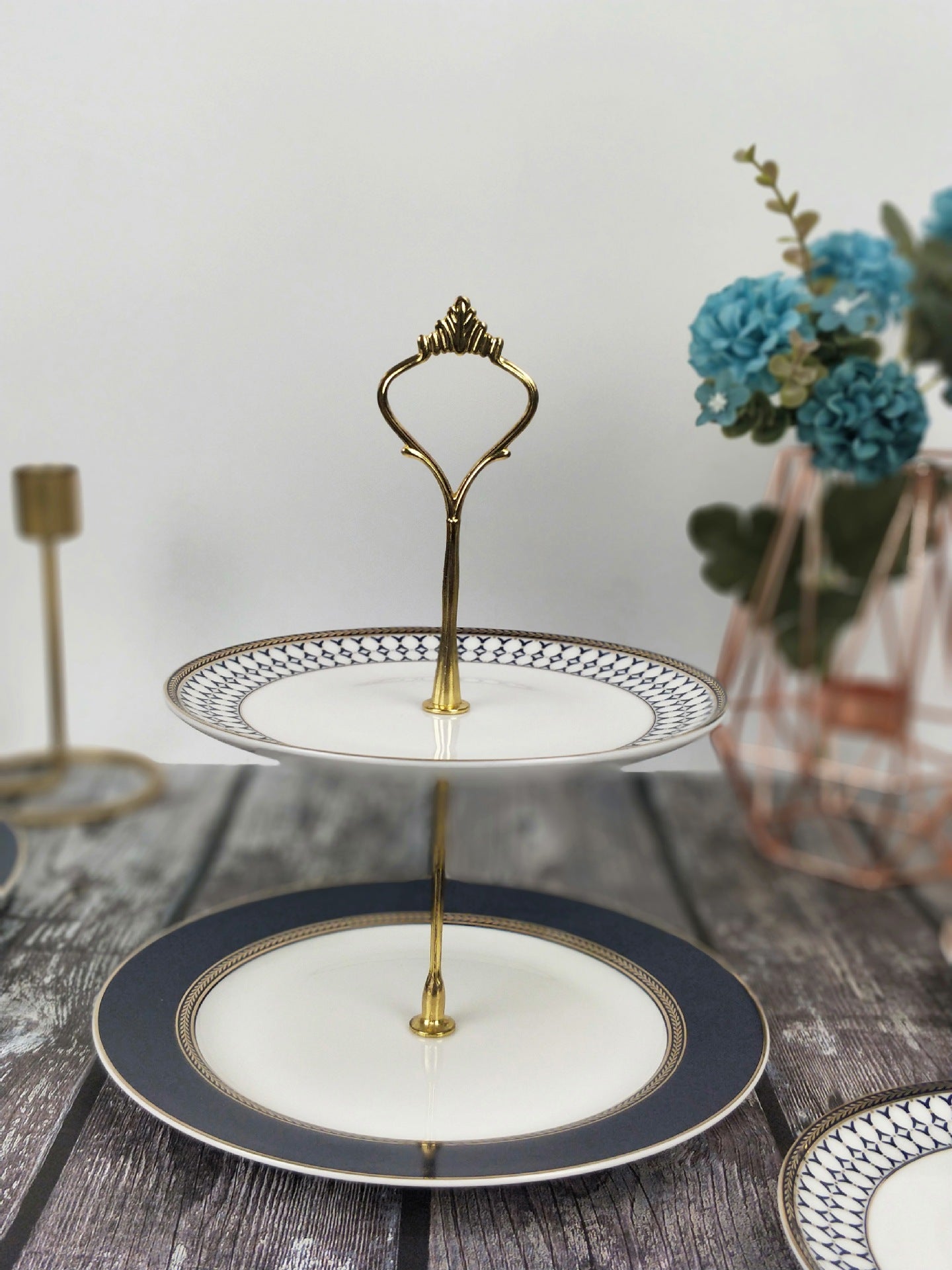 Navy & White British Bone Dessert Stand