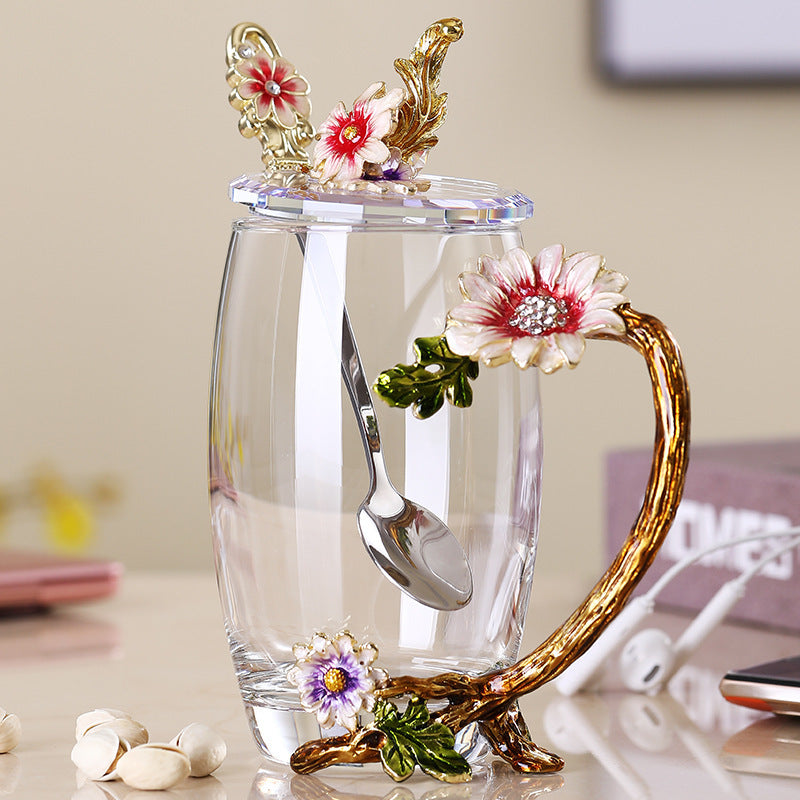 Enamel Flower Glass Mug