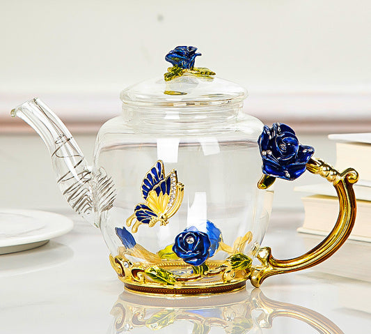 Enamel Flowers & Gold Trim Glass Tea Set