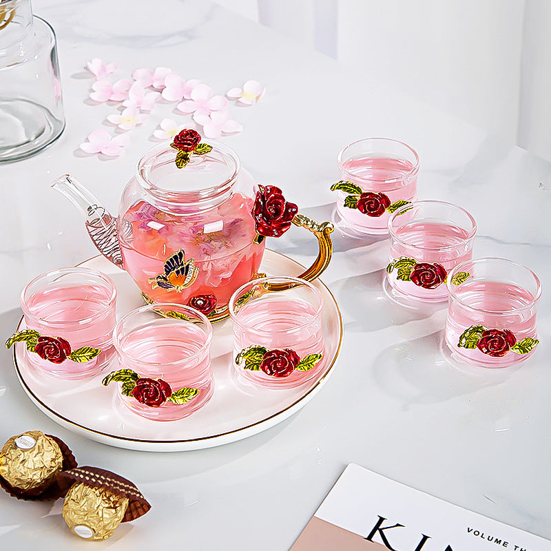 Enamel Flowers & Gold Trim Glass Tea Set