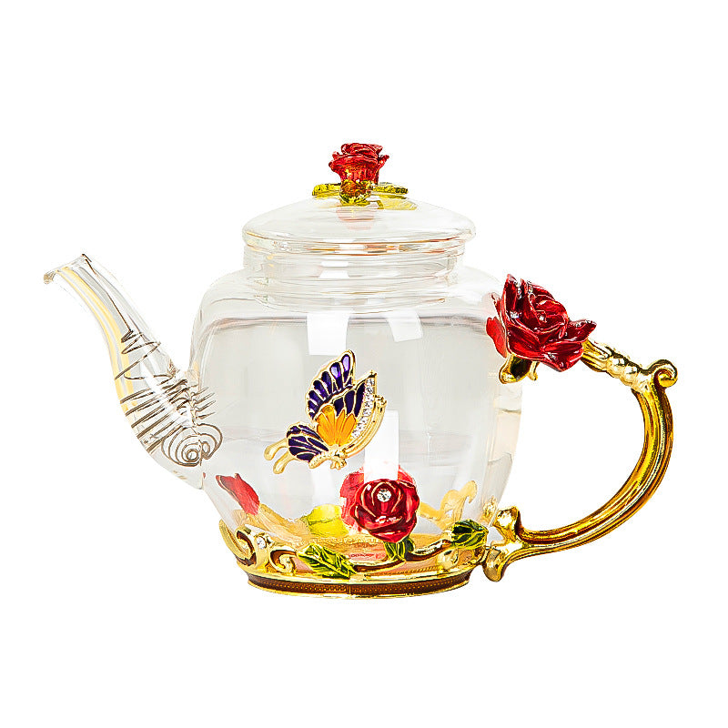 Enamel Flowers & Gold Trim Glass Tea Set