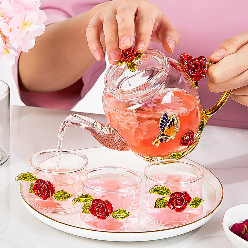 Enamel Flowers & Gold Trim Glass Tea Set