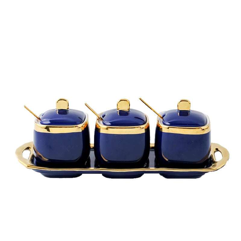 Serveware: 3PC Nordic Color-Glazed Ceramic-Gold Trim Serving Jars