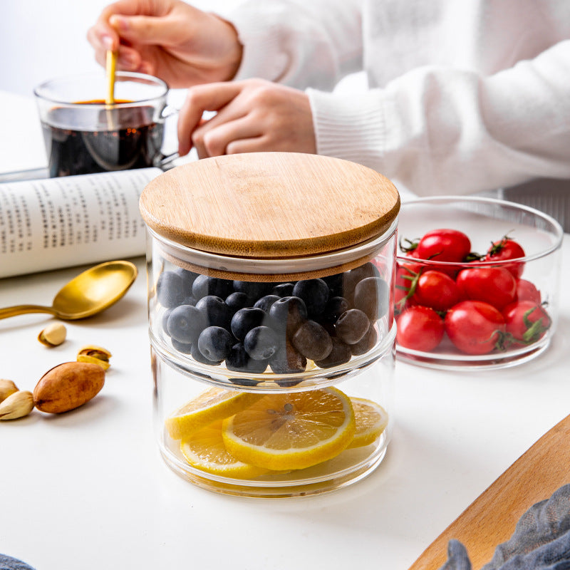 Stackable Glass Bowls with Wooden Lid