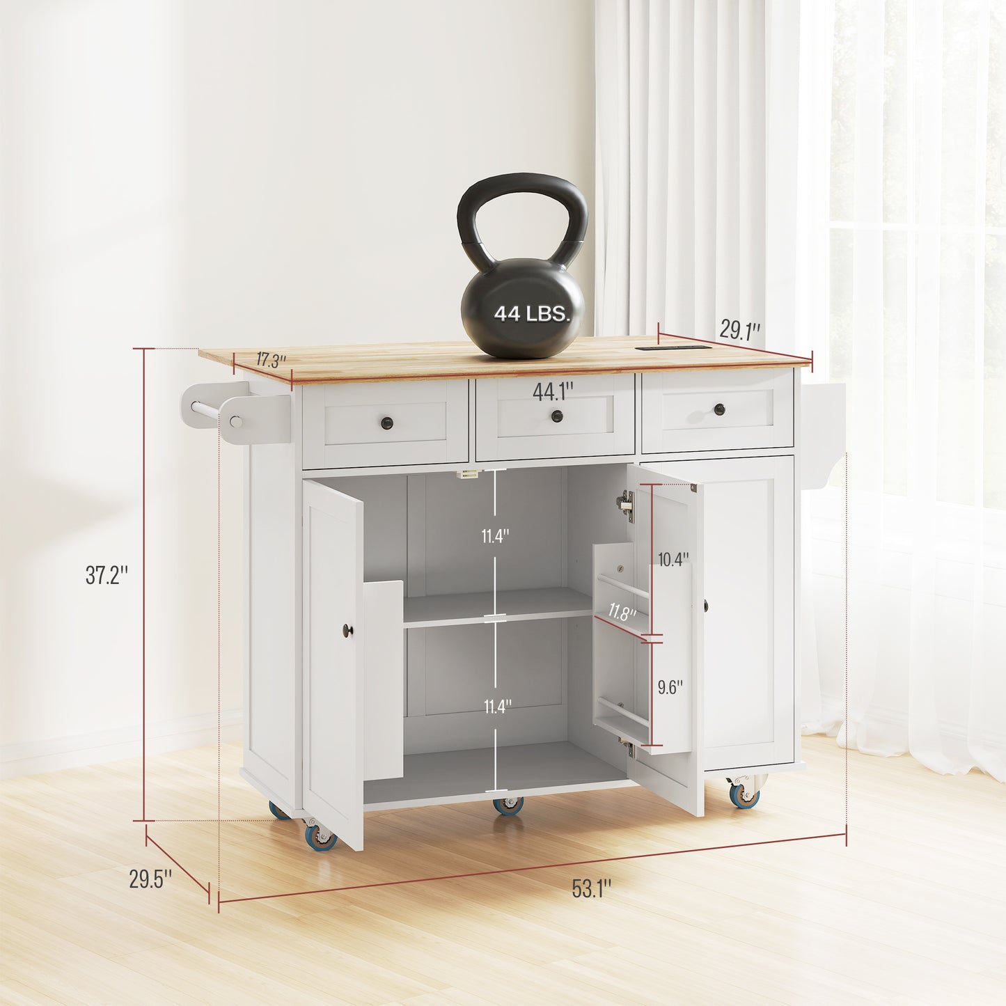 White Rolling Kitchen Island-Drop Leaf, Charging Station