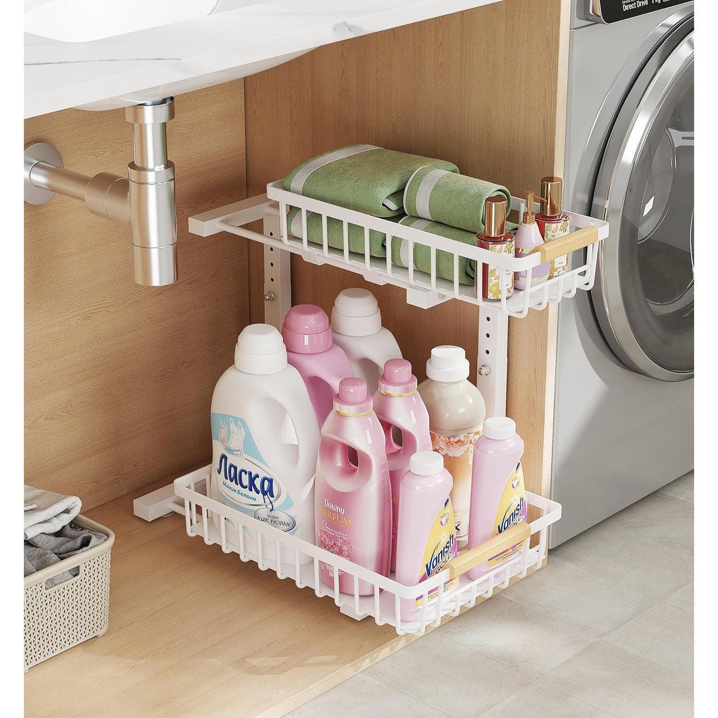 Metal Adjustable Height 2-Tier Pull-Out Storage Rack