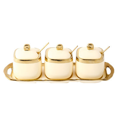 Serveware: 3PC Nordic Color-Glazed Ceramic-Gold Trim Serving Jars