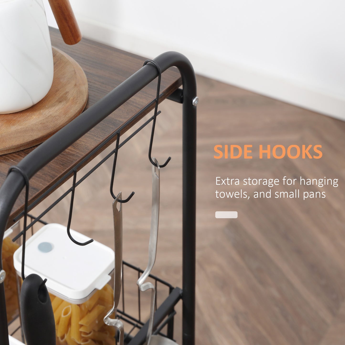 3 Tier Rolling Walnut and Black Metal Kitchen Storage Cart with Storage
