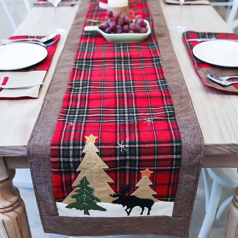 Table Linens: Red Plaid & Christmas Trees Table Runner