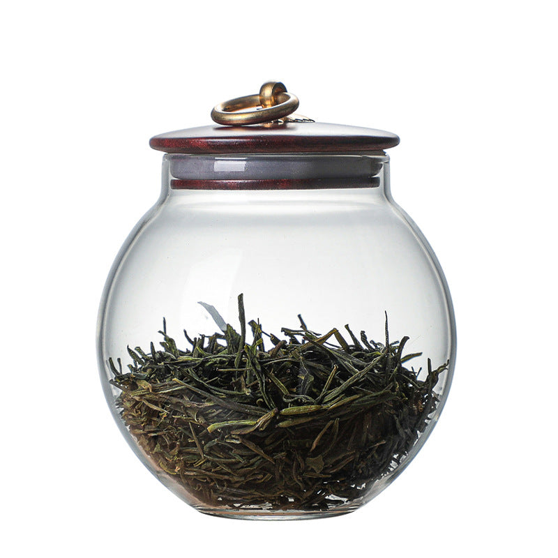 Tempered Glass Jars with Wood Lid and Brass Pull Ring