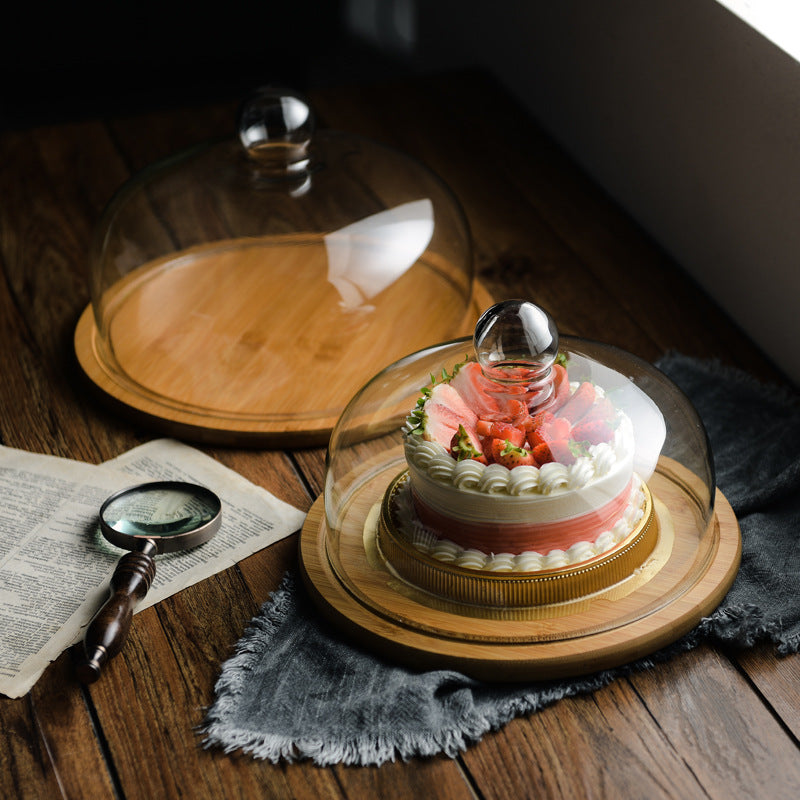 Bamboo Cake Tray with Clear Glass Dome