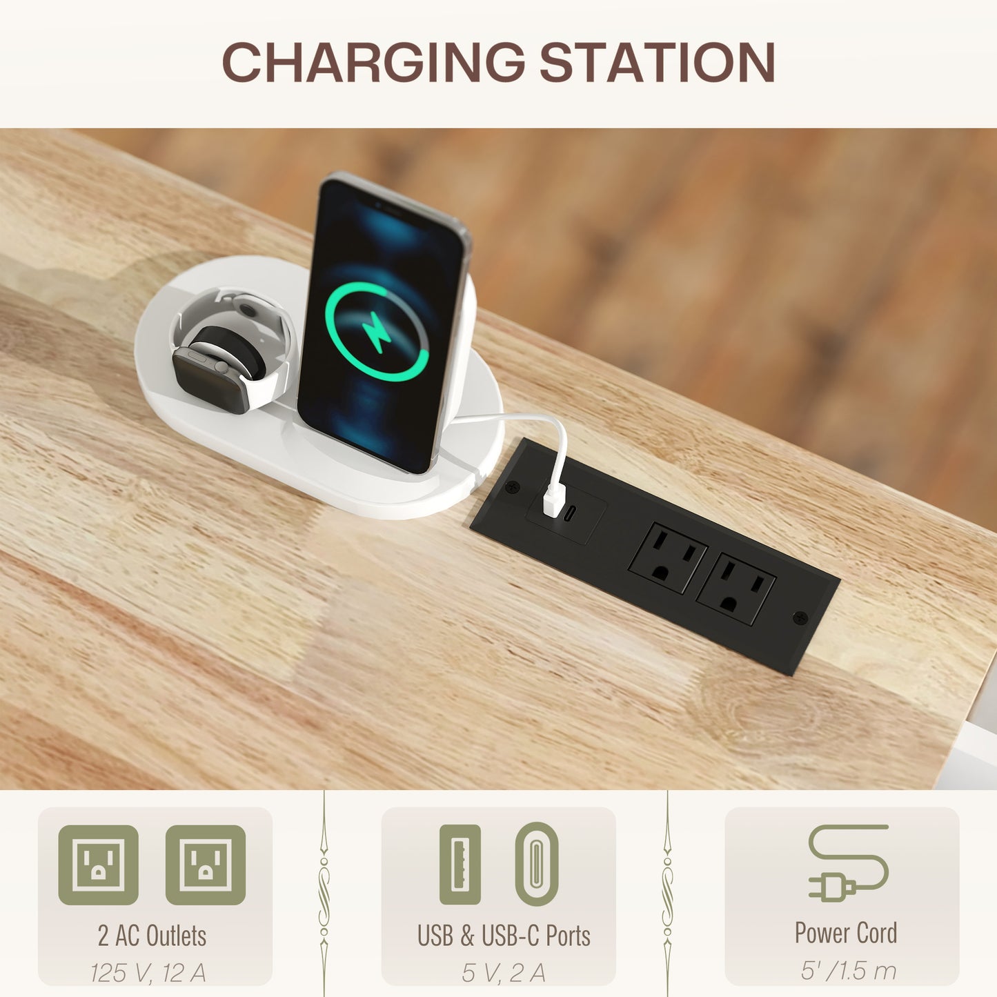 White Rolling Kitchen Island-Drop Leaf, Charging Station