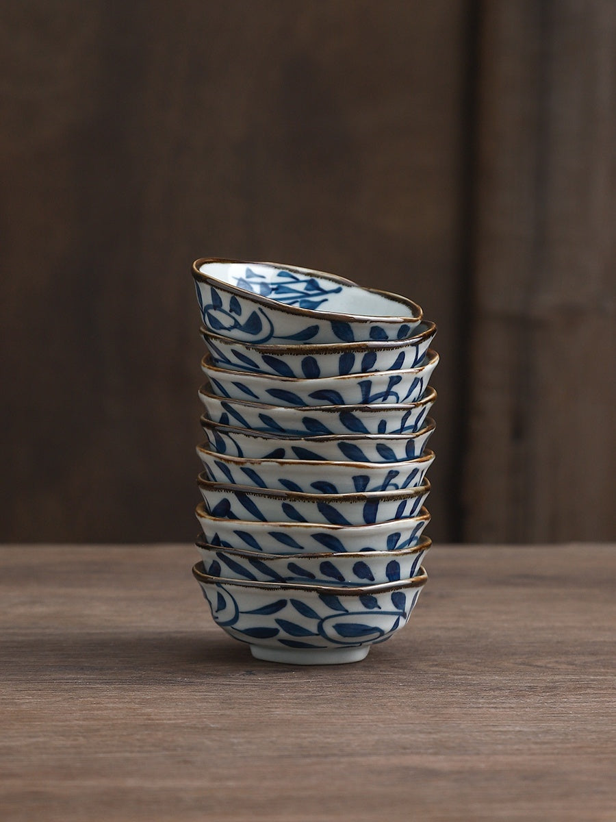 Small Blue Floral Ceramic Bowls with Gold Rim