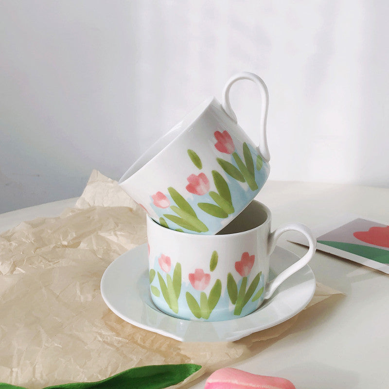 French Painted Tulips Cup, Saucer & Spoon